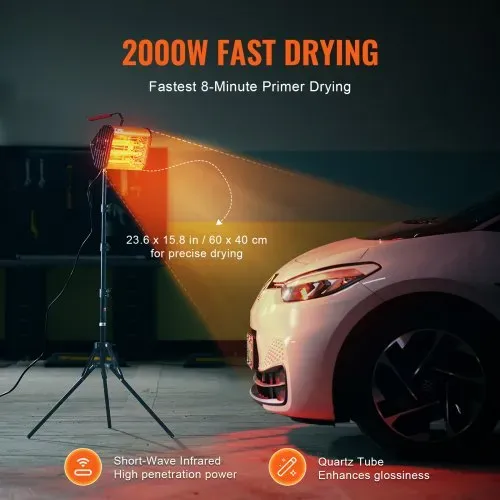 VEVOR Infrarot-Härtungslampe, Hand-/Ständer-Doppelnutzung, 2000 W, 0–90 Min. Zeiteinstellung, Auto-Härtungslampe mit automatischer Heizung und Halterung, 32 m² große Sprüh-/Backkabinenheizungen – Bild 2