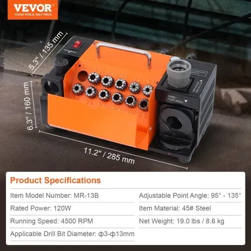 VEVOR Bohrerschleifgerät 120 W Bohrerschleifmaschine 4500 U/min Schärfstation 45# Stahl Bohrerschärfgerät 95-135° Einstellbarer Spitzenwinkel 11 Spannzangen Geeignet für Bohrerdurchmesser φ3–13 mm – Bild 6