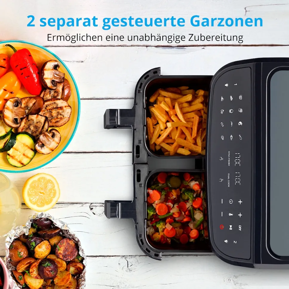 MEDION LIFE P20 XXL Twin DoppelzonenHeißluftfritteuse MD 11760, 2 separate Garzonen, 9 Automatikprogramme, 8,7 L Gesamt-Nutzinhalt, 2.600 Watt, Temperatur einstellbar bis 200 °C – Bild 2