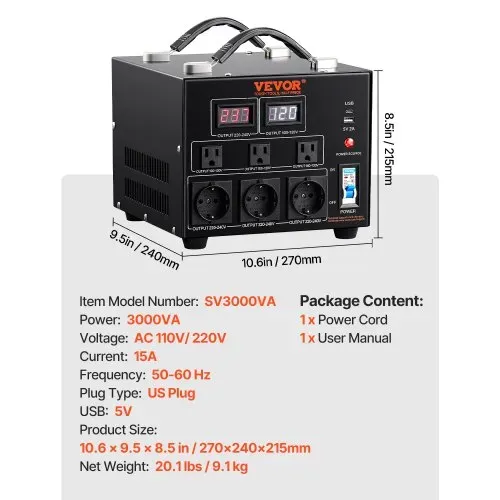 VEVOR 3000W Spannungswandler Transformator AC 110V⇋220V Transformer Wandler 3 US NEMA 5-15R 3-polige Ausgangssteckdosen, 3 europäische Shucko-Ausgangssteckdosen, 1 USB-Buchse und 1 Typ-C-Buchse – Bild 4