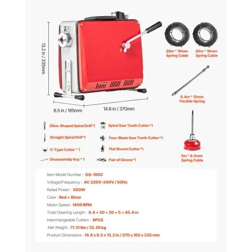 VEVOR Elektrische Rohrreinigungsmaschine, 500W, 1400U/min, Abflussreiniger, 2 Stk. 20mx16mm & 5mx9,5mm Federkabel, 0,4mx12mm flexible Feder & 6 Schneider, für Rohre mit 50–110mm Durchmesser – Bild 6