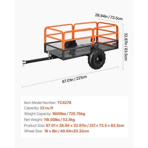 VEVOR Kippanhänger, 725,75 kg, ATV-UTV-Anhänger aus Stahl zum Hinterherziehen, Kipper mit abnehmbarer Rückwand, Gartenanhänger zum Hinterherziehen für Rasenmäher, Traktoren und Gartenabfälle – Bild 6