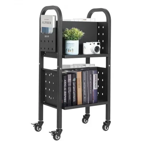 VEVOR Bücherwagen, 70 kg Tragkraft, Bibliothekswagen, 45 x 33 x 88 cm, Doppelseitiges L-förmiges Bücherregal mit Doppelbremsrollen, Bücherregalwagen für Wohnzimmer, Büro, Schule, Schwarz – Bild 9