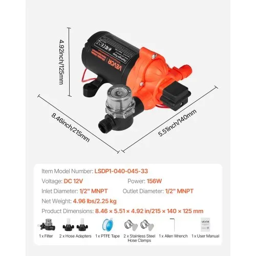 VEVOR Membranpumpe, 12 V DC, 15,1 L/min, selbstansaugende 3-Kammer-Membranwasserpumpe mit automatischem Druckschalter, 2,75 bar Druck, für Wohnmobil, Wohnwagen, Schiff, Yacht, Autowäsche – Bild 6