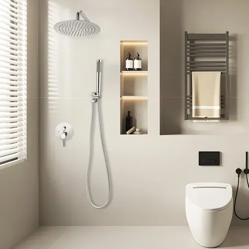 VEVOR Duscharmatur Regenduschsystem fürs Badezimmer Duschsystem mit 254 mm runden Regenduschkopf & Handbrause, wandmontierte Badezimmerarmaturen mit Messingventil & Zierset, Silberchrom – Bild 7
