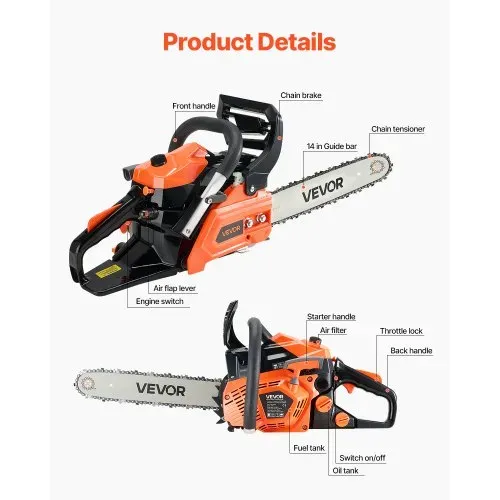 VEVOR 40cc Benzin-Kettensäge, 355 mm Benzin-Kettensäge, 1,8 PS starke Säge mit rutschfestem Griff, zwei Kraftstofftanks, Not-Aus-Funktion, max. 12000U/min, zum Holzfällen, Baumbeschneiden & Roden – Bild 2