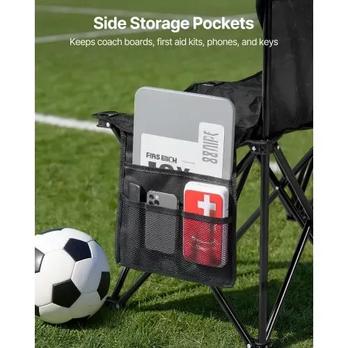 VEVOR tragbare Klappbank Campingbank Sitzbank (4 Personen) mit Seitentaschen & Tragetasche, Mannschaftsbank mit Rückenlehne Seitenbank für Fußball Baseball Camping Outdoor-Aktivitäten Schwarz – Bild 4