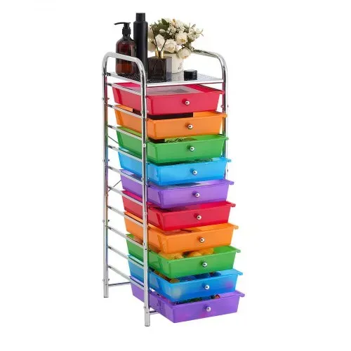 VEVOR Rollwagen mit 10 Schubladen Mobiler Rollcontainer 395x335x990mm Bunt, Metallgestell, Ablagefläche, Handgriffe, Lenkrolle mit 2 Bremsen, Aufbewahrungswagen für Büro Werkstatt Bastelzimmer Garage – Bild 9