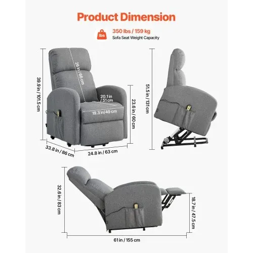 VEVOR Fernsehsessel Elektrisch, Relaxsessel Stufenlose Verstellung, Seniorensessel mit Leinenbezug, Hochelastischem Schaumstoff, Seitentaschen, Fernbedienung, Massagesessel, Hellgrau – Bild 2