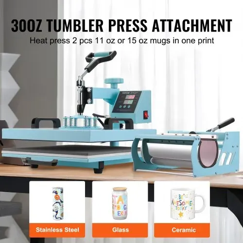 VEVOR Hitzepresse, 15 x 15 Zoll, 5-in-1-Wärmeübertragungsmaschine mit 30-oz-Tumbler-Presse, 360° wegschwenkbares T-Shirt-Pressen, digitale präzise Steuerung, für T-Shirts/Tassen/Hüte/Teller, grün – Bild 2