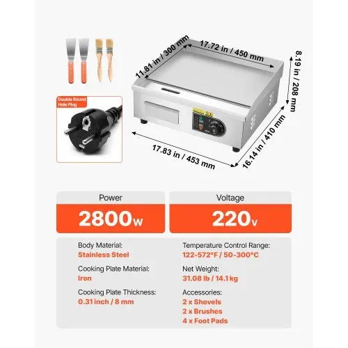 VEVOR Kommerzielle Grillplatte Elektrisch 45 x 30 cm, Bratplatte Elektrogrill 2800 W, Tischgrillplatte 50–300 °C mit 2 Spateln, 2 Bürsten und 4 Fußpolstern, Griddleplatte für Steaks Pfannkuchen – Bild 6