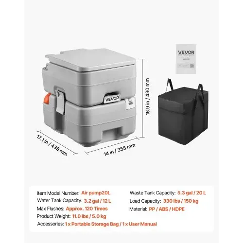 VEVOR Tragbare Toilette mit 20 L Abnehmbarem Abwassertank & 120 Spülungen, Campingtoilette Reisetoilette mit Füllstandsanzeige, Geeignet für Wohnmobilreisen Camping Wandern Bootsfahrten Ausflüge – Bild 6