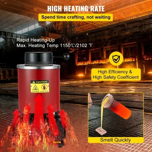 VEVOR Goldschmelzofen 1350 W 1150 ℃ Max. Temperatur, digitaler elektrischer Schmelzofen 3 kg Keramiktiegel mit Barrenmatrize & Handschuhen, zur Verarbeitung von Gold Silber Kupfer Aluminium rot – Bild 4