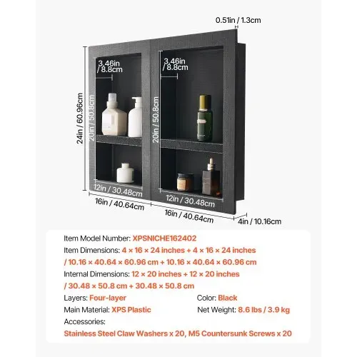 VEVOR Duschnische, 40,6 x 61 cm + 40,6 x 61 cm Wandnische mit beweglichem Regal, 10,2 cm dicker moderner Seifen- & Shampoo-Aufbewahrungs-Organizer, schwarz für Badezimmerdusche – Bild 6