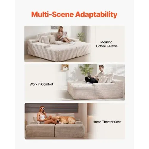 VEVOR übergroße Doppel-Chaiselonguen (210 cm) Cord-Sofa, gemütliches Zweiersofa mit tiefer Sitzfläche & weichen Kissen & Dekokissen für Wohnzimmer und Schlafzimmer, Schlafsofa 2 Personen Beige – Bild 6