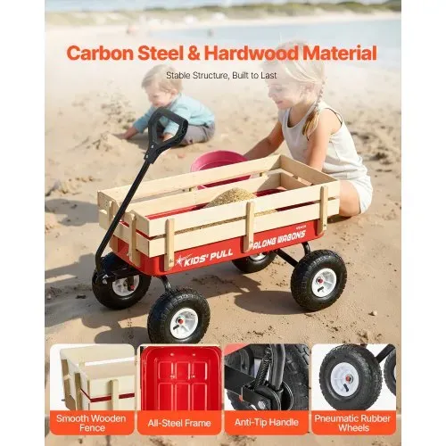 VEVOR Handwagen für Kinder, 102 cm Bollerwagen, Transportwagen mit Schiebestange, aus Holz & Metal, max. 150 kg tragbar, ideal für Kinder ab 5 Jahren, Garten, Ausflüge & Strand, Farbe Rot & Schwarz – Bild 2
