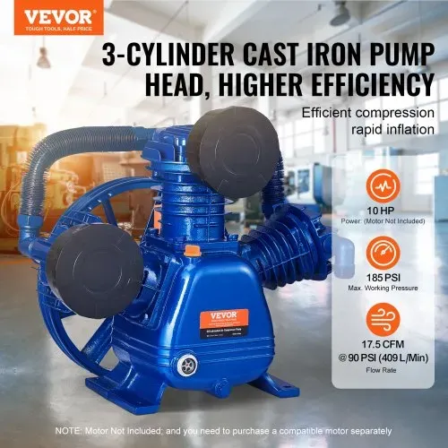 VEVOR Luftkompressor-Pumpenkopf, 10 PS, 17,5 CFM bei 90 PSI, 3-Zylinder-Ölschmierung, Luftkompressor-Kolbenpumpenkopf, zweistufiger V-Typ-Luftkompressor-Pumpenersatz aus Gusseisen mit max. 185 PSI Druck VEVOR Luftkompressor-Pumpenkopf, 10 PS, 17,5 CFM bei 90 PSI, 3-Zylinder-Ölschmierung, Luftkompressor-Kolbenpumpenkopf, zweistufiger V-Typ-Luftkompressor-Pumpenersatz aus Gusseisen mit max. 185 PSI Druck