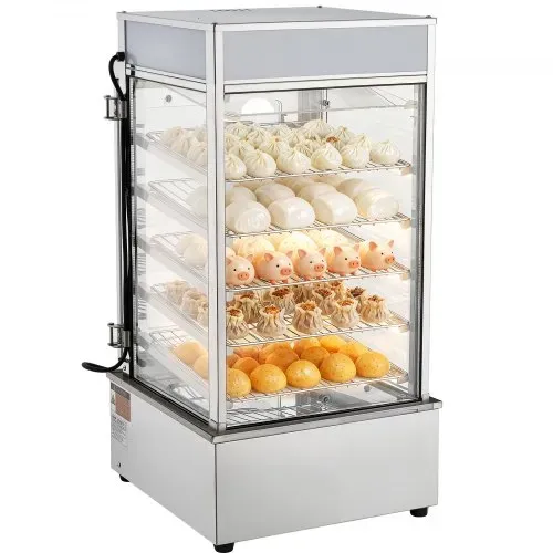 VEVOR 5-stufiger Gewerblicher Speisenwämer 120 L 30 bis 110 ℃, 1200 W Brötchendämpfer LED-Beleuchtung & Verstellbaren Ablagen & Edelstahlrahmen, Warmhaltevitrine für Hamburger Mantou Brot – Bild 8