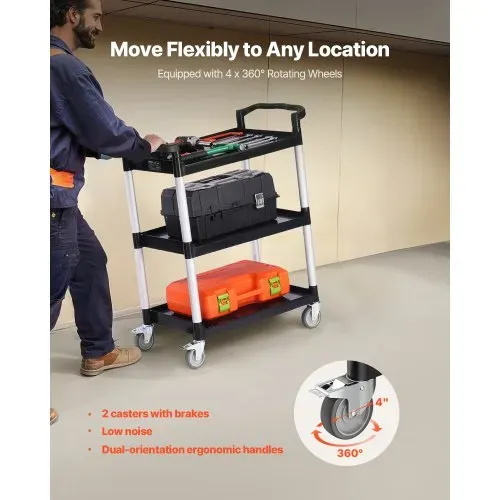VEVOR Universalwagen, 136 kg, 3-stufiger Universalwagen aus Kunststoff mit 360° Schwenkrädern (2 mit Bremse), 880x410x990 mm großer Servierwagen für Lager, Büro, Zuhause, Restaurant, Küche – Bild 2