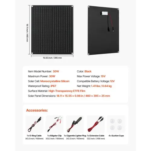 VEVOR 30 W 12 V Solarpanel-Batterieladegerät, Monokristallines Solarpanel-Kit mit integriertem Smart Controller & 3 Verbindungskabeln, tragbar für RV, Auto, Motorrad, Boot, Van, Camper – Bild 6