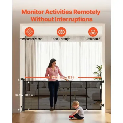 VEVOR einziehbares Babygitter Hundegitter ausziehbar auf 310 cm (B) / 795 mm (H), Treppenschutzgitter mit Sicherheitsschloss, Schutzgitter aus Netzgewebe für Treppen Flure drinnen/draußen, Schwarz – Bild 3