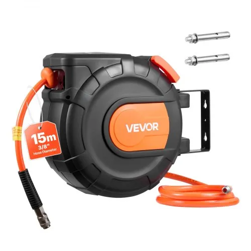 VEVOR Druckluftschlauchtrommel, 9,5 mm x 15 m PVC-Schlauch, 20 bar, Geschlossener Schlauchaufroller mit Automatischer Aufwicklung & 1 m Zuleitung, 180° schwenkbare Decken-/Wandhalterung VEVOR Druckluftschlauchtrommel, 9,5 mm x 15 m PVC-Schlauch, 20 bar, Geschlossener Schlauchaufroller mit Automatischer Aufwicklung & 1 m Zuleitung, 180° schwenkbare Decken-/Wandhalterung