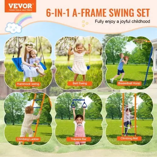VEVOR Schaukel-Sets für den Garten, 6-in-1-Schaukel-Set mit 2 Schaukeln, Trapezstange, Kletterleiter, Kletternetz und Basketballkorb, 200 kg Tragkraft, robustes Metall-Schaukel-Set für den Außenbereich für Kinder ab 3 Jahren VEVOR Schaukel-Sets für den Garten, 6-in-1-Schaukel-Set mit 2 Schaukeln, Trapezstange, Kletterleiter, Kletternetz und Basketballkorb, 200 kg Tragkraft, robustes Metall-Schaukel-Set für den Außenbereich für Kinder ab 3 Jahren