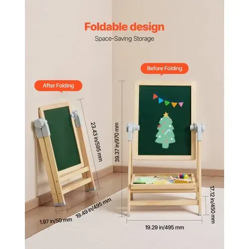 VEVOR Kunststaffelei für Kinder, 2-in-1-Kunststaffelei aus Holz, doppelseitig, mit magnetischem Whiteboard und Kreidetafel, verstellbares, stehendes, drehbares, faltbares Zeichenbrett mit Malzubehör für Jungen und Mädchen – Bild 5