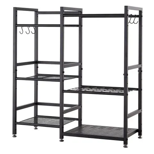VEVOR Gartengeräte Ständer 740x300x805mm 3-Stöckiger Gerätehalter Schwarz, Aufbewahrungsregal für Garage Schuppen Garten & Outdoor, Organizer aus Stahl mit 3 Ablagefächern 6 Haken & Nivellierfüßen – Bild 9