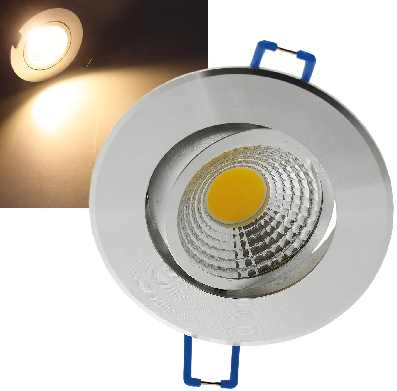 LED-Einbauleuchte “COB-5”, 5W, 420lm ALU, 3000K, 75°, Ø85xT47mm, Rahmen chrom LED-Einbauleuchte “COB-5”, 5W, 420lm ALU, 3000K, 75°, Ø85xT47mm, Rahmen chrom
