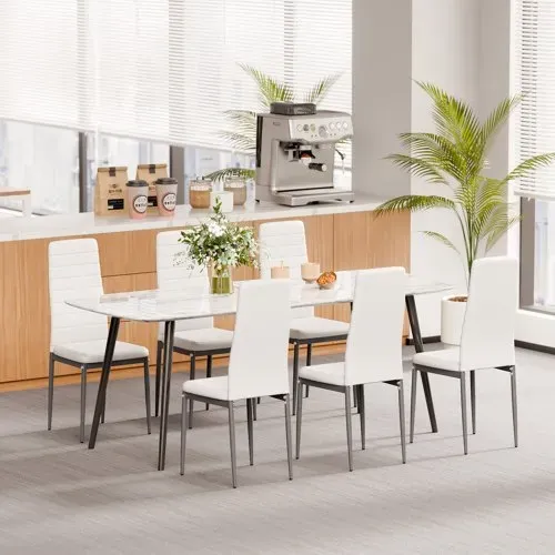 VEVOR moderner Esszimmerstuhl (4 Stk.) eleganter gepolsterter Leder-Beistellstuhl (136 kg belastbar) für Esstische, platzsparender Küchentischstuhl mit dicken Kissen & Metallbeinen, Weiß Cafeteria – Bild 7
