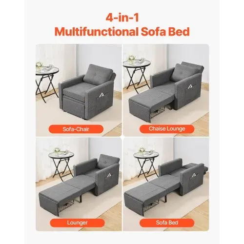 VEVOR Schlafsofa umbaubares Schlafbett mit Seitentasche & Kissen & Armlehne, Schlafsessel Einzelsessel mit 5-fach verstellbarer Rückenlehne, Einzel-Ausziehcouch mit 2 Rädern und Stauraum unten, Grau – Bild 2