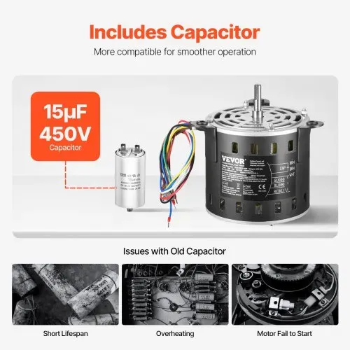 VEVOR 1/2 PS Gebläsemotor, 220 V, 2,6 Ampere, 1300 U/min, 3 Gang (1300/1100/800 U/min), 10 mm Wellendurchmesser, 20 mm Wellenlänge, ROT. CCW vom Wellenende, inkl. CBB60 15 μF/450 V Kondensator – Bild 2