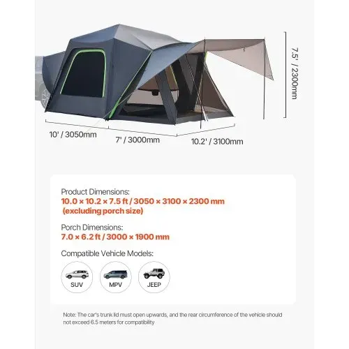 VEVOR SUV-Zelt Camping Auto-Zelt (305 x 310 x 230 cm) wasserdichtes PU2000 geräumiges Doppelschicht-Design für 5-8 Personen, SUV-Campingzelt mit Schattenmarkise & Netzfenstern & Regendach & Tasche – Bild 6