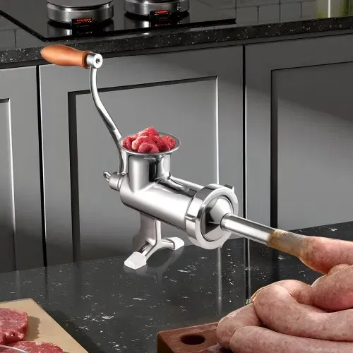 VEVOR manuelle Fleischmühle, alle Teile Edelstahl, handbetriebene Fleischmahlmaschine mit Tischklemme, 2 Schleifplatten & Wurstfüller, ideal für Zuhause Küche Restaurant Metzgergeschäft – Bild 7