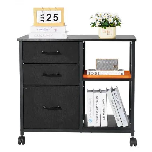 VEVOR Aktenschrank Schubladenschrank mit 3 Stoffschubladen, Rollcontainer mit 2 offenen Regalen, Lagerschrank Aufbewahrungsschrank für Schreibwaren Drucker Dokumente (Schwarz, 75 x 40 x 68 cm) – Bild 9