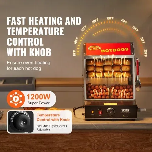 VEVOR Hot Dog Dampfgarer, 27L, 2-stufiger Hot Dog Hütten-Dampfgarer, 30℃~85℃ Temperaturregelung, elektrischer Brötchenwärmer mit Schiebetüren aus gehärtetem Glas, Trennplattenzange, Edelstahl, für Hot Dogs & Brötchen – Bild 2
