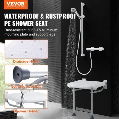 VEVOR Klappbarer Duschsitz aus PE, 40,1 x 37,6 cm ausgeklappt, wandmontierte, hochklappbare Duschbank mit 227 kg Tragkraft, platzsparender zusammenklappbarer Duschstuhl für Senioren, Schwangere VEVOR Klappbarer Duschsitz aus PE, 40,1 x 37,6 cm ausgeklappt, wandmontierte, hochklappbare Duschbank mit 227 kg Tragkraft, platzsparender zusammenklappbarer Duschstuhl für Senioren, Schwangere