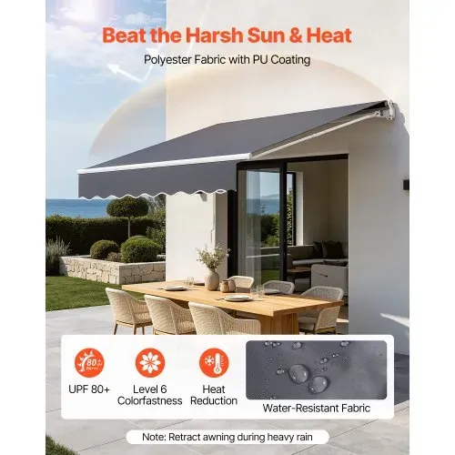 VEVOR Gelenkarmmarkise 3x2,5 m, Einziehbare Markise mit Handkurbel, Terrassenmarkise UPF 80+ Sonnenschutz, Sonnenmarkise, Balkonmarkise für Terrasse, Balkon, Garten & Fenster, Grau – Bild 2