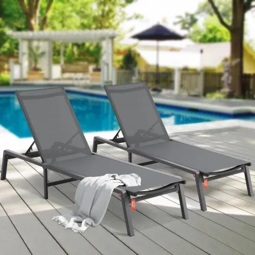 VEVOR Chaiselongue-Stühle für den Außenbereich, Aluminium-Terrassen-Liegestühle mit 5 verstellbaren Positionen, klappbare Pool-Liegestühle, Liegestühle und komplett flache Sonnenstühle für Terrasse, Strand, Pool, Dunkelgrau, 2 Stück – Bild 7