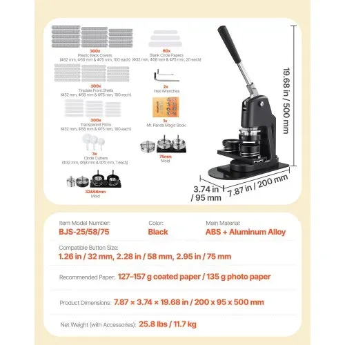 VEVOR Buttonmaschine Knopfmachermaschine Badge Punch Press 32 / 58 / 75 mm, Pinmaker mit 300 Buttonteilen & Kreisschneider & Zauberbuch & verstärkter ergonomischer Griff, DIY Badge Machine schwarz – Bild 6