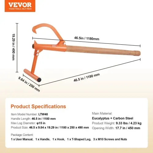 VEVOR Fällheber, 1180 mm, Stammheber mit Holzgriff, Stammwender mit verstellbarem Wendehaken, Forsthaken, Fällhilfe für Stämme bis zu φ 38 cm, Holzheber zum Rollen, Schneiden & Anheben von Stämmen – Bild 6