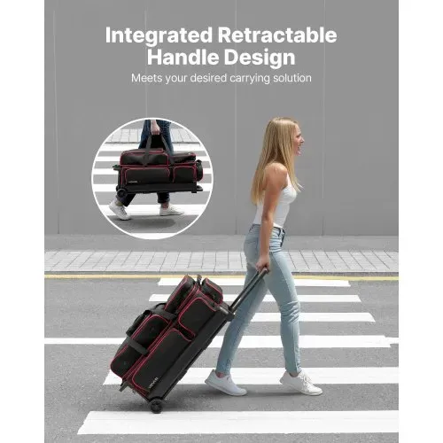 VEVOR Bowlingballtasche für 3 Bälle mit Doppelrollen & separatem Fach für Schuhe (bis US-Größe 16) & übergroßer Zubehörtasche, einziehbarer Griff lässt sich auf 105 cm ausziehen Schwarz + Rot – Bild 5