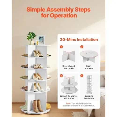VEVOR Schuhregal Schuhschrank für 20 Paar Schuhe (5-stöckig) 360° drehbar, platzsparende Schuhaufbewahrung, Schuhablage für Schlafzimmer Wohnzimmer Eingangsbereich, Weiß 598 x 598 x 1350 mm – Bild 5