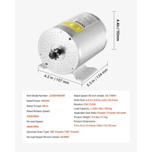 VEVOR 1800 W elektrischer bürstenloser Gleichstrommotor-Bausatz – 48 V 4500 U/min Elektromotor mit verbessertem Drehzahlregler & Gasgriff-Bausatz für Go Karts E-Bike Motorrad Roller Heimwerker – Bild 6