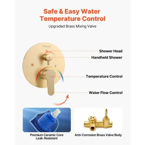 VEVOR Duscharmatur Regenduschsystem fürs Badezimmer Duschsystem mit 254 mm runden Regenduschkopf & Handbrause, wandmontierte Badezimmerarmaturen mit Messingventil & Zierset, gebürstetes Gold – Bild 4