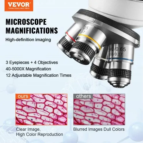 VEVOR Trinokulares Mikroskop 10X, 25X, 2X Hilfslinse Compound Mikroskop, Objektive 4X, 10X, 40X, 100X, Labor Auflicht Mikroskop Vergrößerung 40-5000, 100–240 V Labormikroskop
Verbundmikroskop VEVOR Trinokulares Mikroskop 10X, 25X, 2X Hilfslinse Compound Mikroskop, Objektive 4X, 10X, 40X, 100X, Labor Auflicht Mikroskop Vergrößerung 40-5000, 100–240 V Labormikroskop
Verbundmikroskop