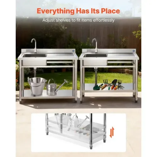 VEVOR Spültisch Spülbecken Edelstahl (120 x 50 x 94 cm), Einzelbecken mit Wasserhahn & Ablage, Küchenspüle für Garage Restaurant Wäscherei, Waschtisch Außenspüle mit Arbeitsplatte (recht) – Bild 2