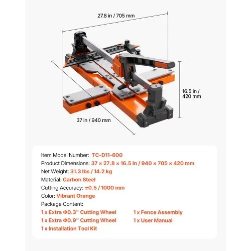 VEVOR Fliesenschneider 600 mm, Fliesenschneidmaschine mit Federbelasteter Basis & Verstellbarem Winkelanschlag, Wolframkarbid-Schneidscheibe, Präzisions-Ausrichtungshilfe, für Keramikfliesen – Bild 6