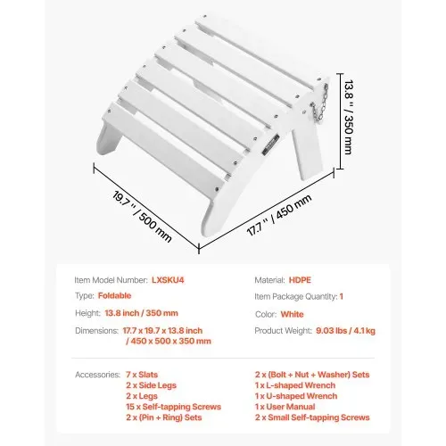 VEVOR Fußstütze für Adirondack-Stühle, 450x500x350 mm, klappbarer Adirondack-Ottomane aus HDPE-Kunststoff, Gartenstuhl weit verbreitet für Außenbereich, Veranda, Pool, Rasen, Hinterhof, weiß – Bild 6